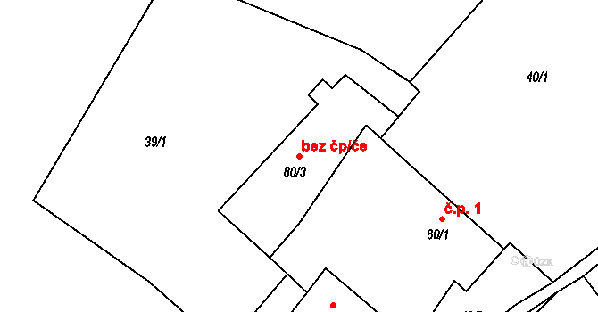 Slavče 46926844 na parcele st. 80/3 v KÚ Mohuřice, Katastrální mapa