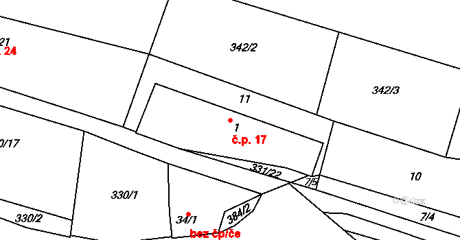 Boješice 17, Mirovice na parcele st. 1 v KÚ Boješice, Katastrální mapa