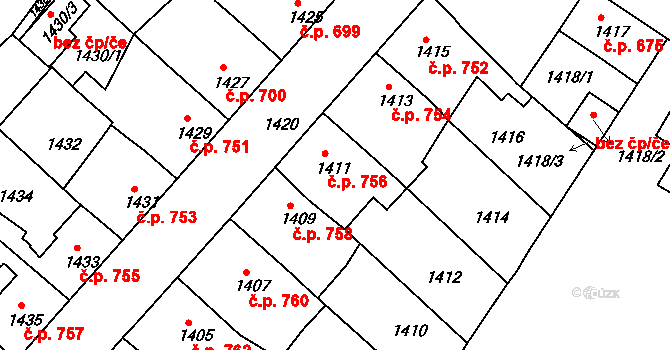 Třešť 756 na parcele st. 1411 v KÚ Třešť, Katastrální mapa