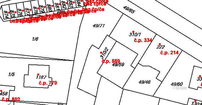 Lobeček 559, Kralupy nad Vltavou na parcele st. 310/2 v KÚ Lobeček, Katastrální mapa