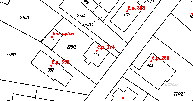 Tuchoměřice 313 na parcele st. 173 v KÚ Kněžívka, Katastrální mapa