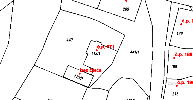 Bystřice 571 na parcele st. 113/1 v KÚ Bystřice u Benešova, Katastrální mapa