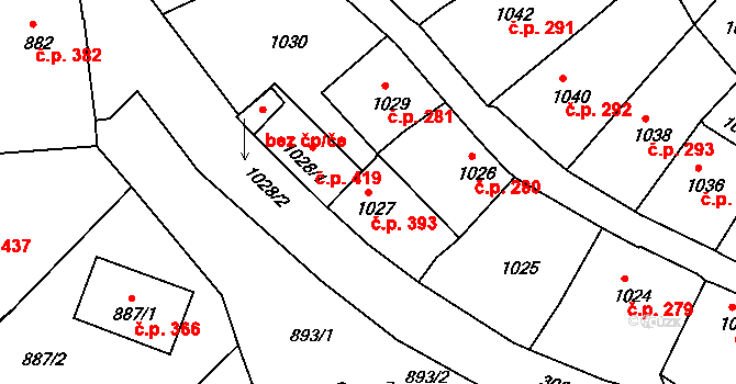Štramberk 393 na parcele st. 1027 v KÚ Štramberk, Katastrální mapa