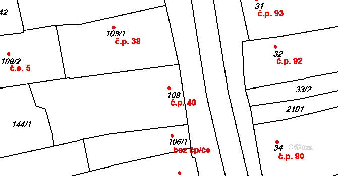 Merklín 40 na parcele st. 108 v KÚ Merklín u Přeštic, Katastrální mapa