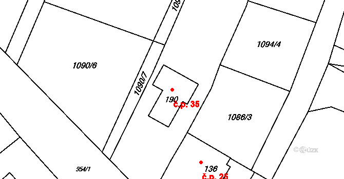 Kolný 35, Lišov na parcele st. 190 v KÚ Kolný, Katastrální mapa
