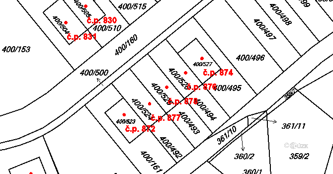 Střelice 878 na parcele st. 400/525 v KÚ Střelice u Brna, Katastrální mapa
