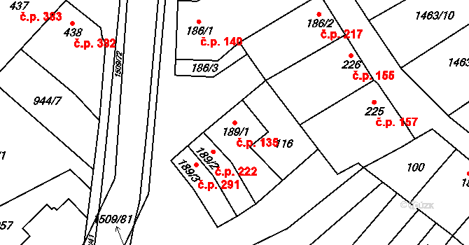 Kvasice 135 na parcele st. 189/1 v KÚ Kvasice, Katastrální mapa