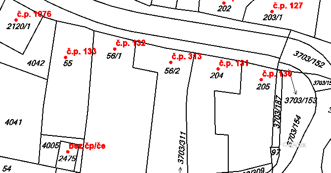 Dobřany 313 na parcele st. 56/2 v KÚ Dobřany, Katastrální mapa