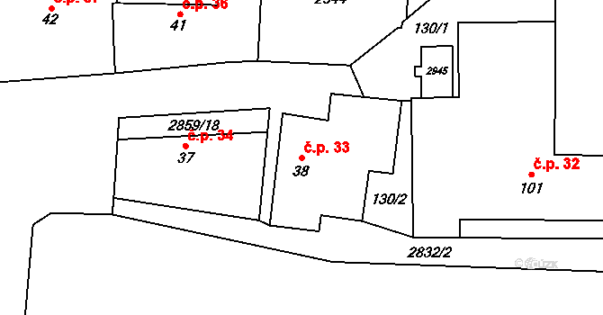 Korolupy 33 na parcele st. 38 v KÚ Korolupy, Katastrální mapa