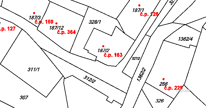 Vranov nad Dyjí 163 na parcele st. 187/2 v KÚ Vranov nad Dyjí, Katastrální mapa