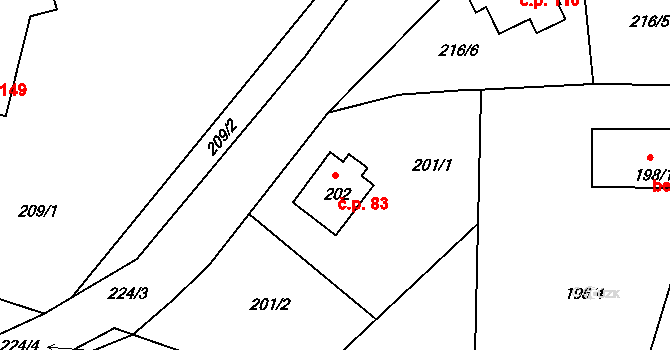 Všeborovice 83, Dalovice na parcele st. 202 v KÚ Všeborovice, Katastrální mapa