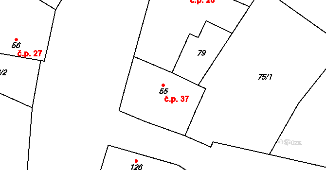 Stará Lysá 37 na parcele st. 55 v KÚ Stará Lysá, Katastrální mapa