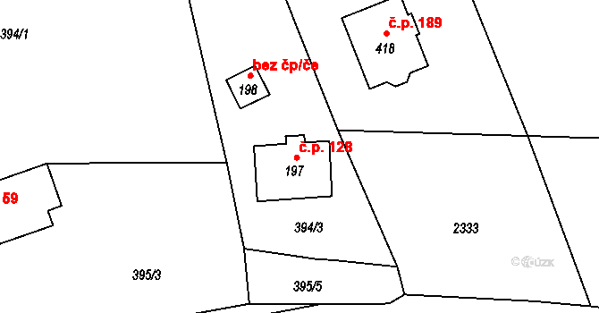 Jamné 128 na parcele st. 197 v KÚ Jamné u Jihlavy, Katastrální mapa