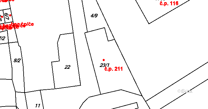 Ivanovice na Hané 211 na parcele st. 23/1 v KÚ Ivanovice na Hané, Katastrální mapa