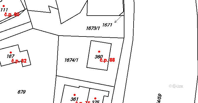 Rychaltice 88, Hukvaldy na parcele st. 360 v KÚ Rychaltice, Katastrální mapa