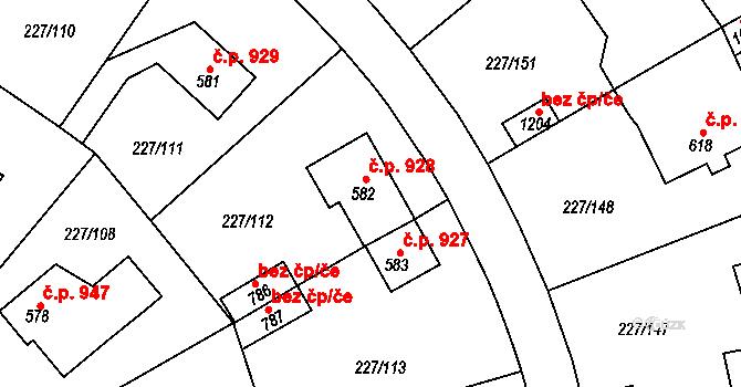 Švermov 928, Kladno na parcele st. 582 v KÚ Hnidousy, Katastrální mapa