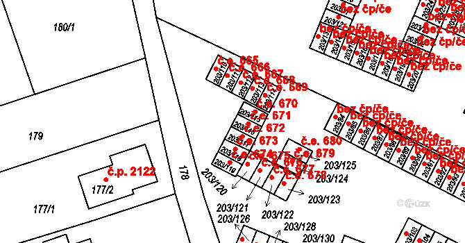Tachov 671 na parcele st. 203/116 v KÚ Tachov, Katastrální mapa