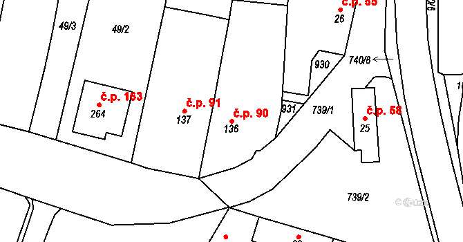 Míškovice 90 na parcele st. 136 v KÚ Míškovice, Katastrální mapa