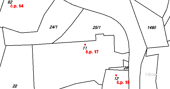 Roželov 17, Hvožďany na parcele st. 11 v KÚ Roželov, Katastrální mapa