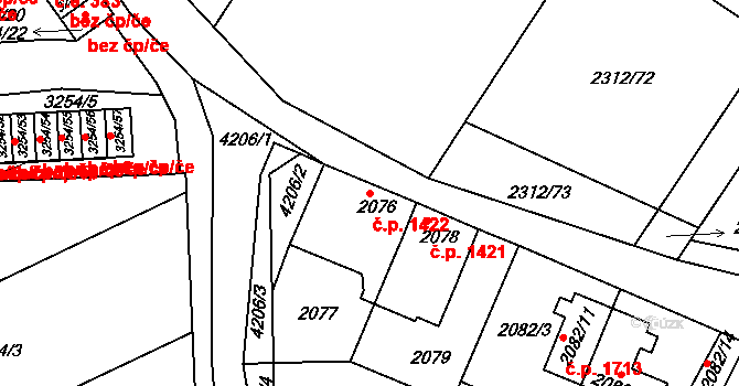 Roudnice nad Labem 1422 na parcele st. 2076 v KÚ Roudnice nad Labem, Katastrální mapa