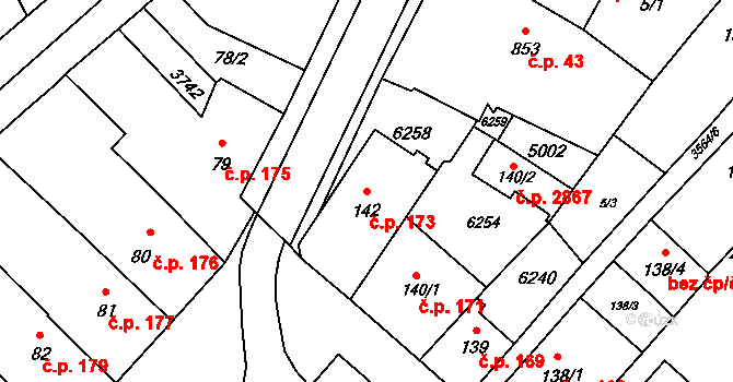 Rožnov pod Radhoštěm 173 na parcele st. 142 v KÚ Rožnov pod Radhoštěm, Katastrální mapa