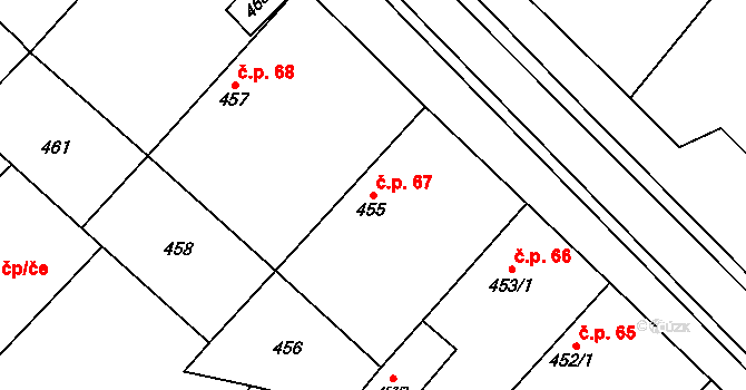 Milovice 67 na parcele st. 455 v KÚ Milovice nad Labem, Katastrální mapa