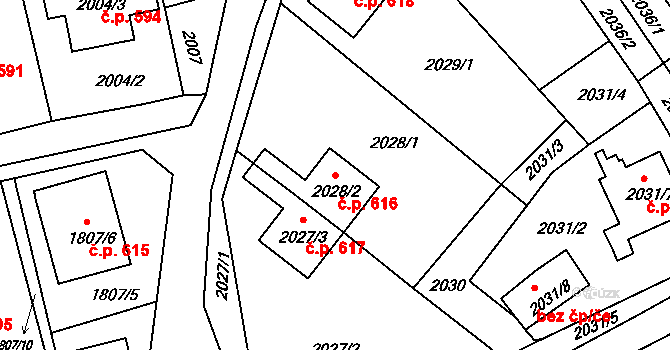 Útočiště 616, Klášterec nad Ohří na parcele st. 2028/2 v KÚ Klášterec nad Ohří, Katastrální mapa