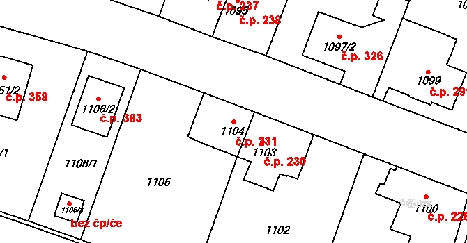 Pudlov 231, Bohumín na parcele st. 1104 v KÚ Pudlov, Katastrální mapa