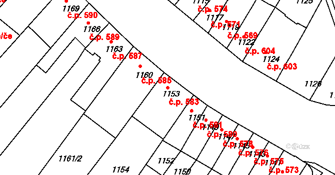 Komín 583, Brno na parcele st. 1153 v KÚ Komín, Katastrální mapa