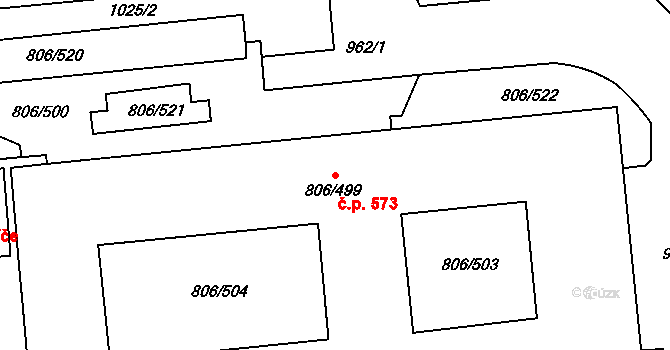 Malešice 573, Praha na parcele st. 806/499 v KÚ Malešice, Katastrální mapa