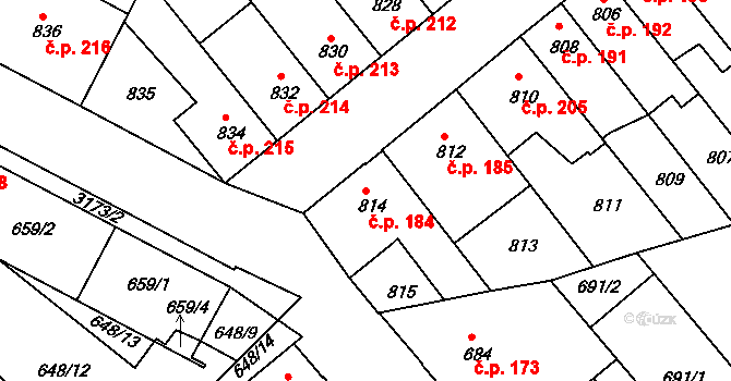 Příbram I 184, Příbram na parcele st. 814 v KÚ Příbram, Katastrální mapa