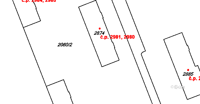 Hodonín 2980,2981 na parcele st. 2874 v KÚ Hodonín, Katastrální mapa