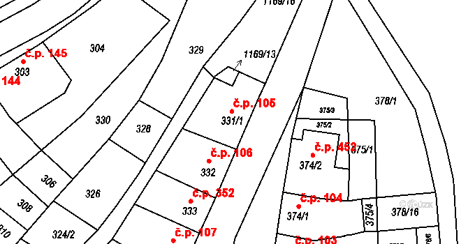 Pozořice 105 na parcele st. 331/1 v KÚ Pozořice, Katastrální mapa