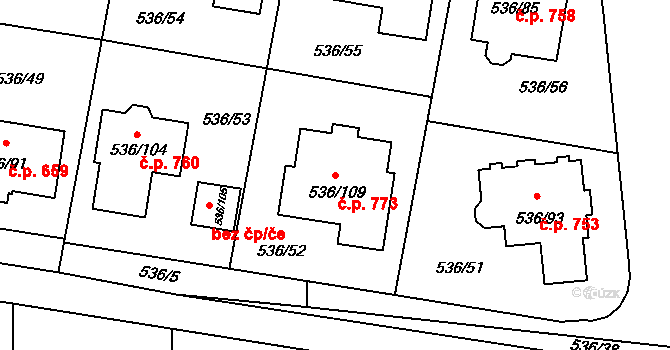 Průhonice 773 na parcele st. 536/109 v KÚ Hole u Průhonic, Katastrální mapa