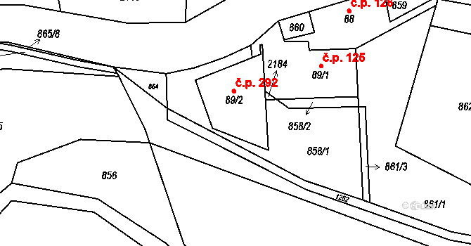 Hrabišín 292 na parcele st. 89/2 v KÚ Hrabišín, Katastrální mapa