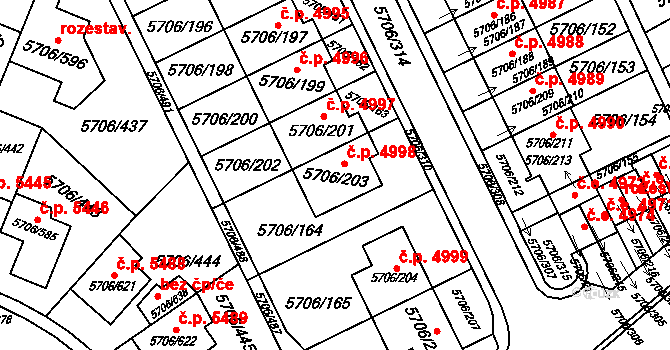 Jihlava 4998 na parcele st. 5706/203 v KÚ Jihlava, Katastrální mapa