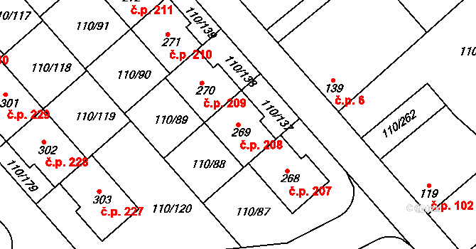 Mratín 208 na parcele st. 269 v KÚ Mratín, Katastrální mapa