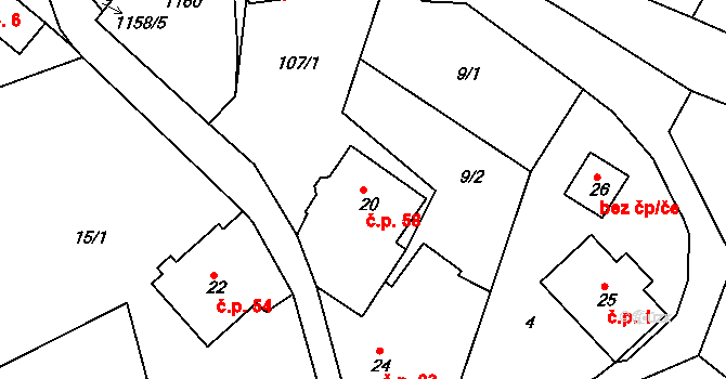 Horní Nivy 58, Dolní Nivy na parcele st. 20 v KÚ Horní Nivy, Katastrální mapa