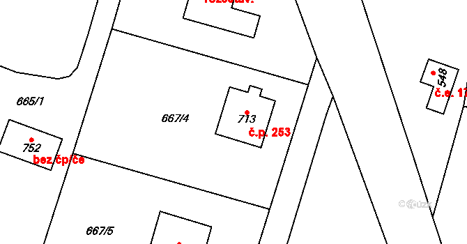 Struhařov 253 na parcele st. 713 v KÚ Struhařov u Mnichovic, Katastrální mapa