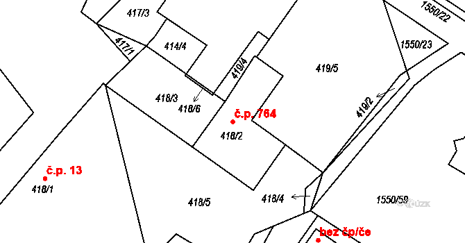 Miřetice u Klášterce nad Ohří 764, Klášterec nad Ohří na parcele st. 418/2 v KÚ Miřetice u Klášterce nad Ohří, Katastrální mapa