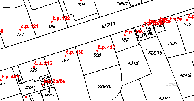 Prštné 427, Zlín na parcele st. 590 v KÚ Prštné, Katastrální mapa