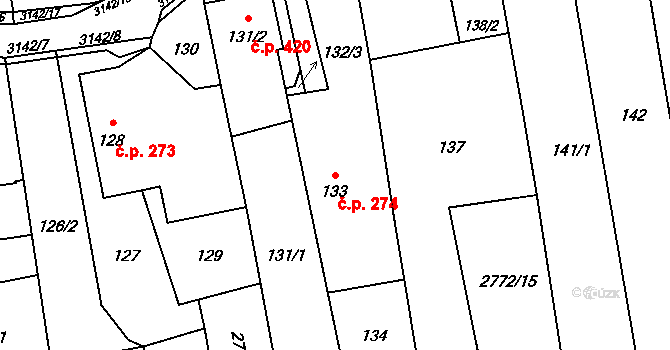 Píšť 274 na parcele st. 133 v KÚ Píšť, Katastrální mapa