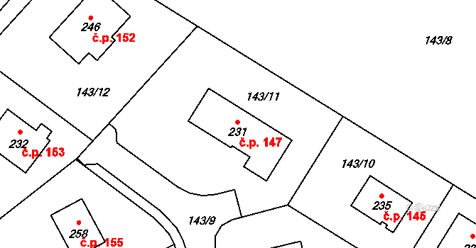 Tuchoraz 147 na parcele st. 231 v KÚ Tuchoraz, Katastrální mapa