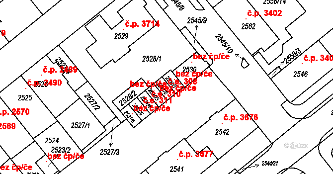 Chomutov 308 na parcele st. 2531/2 v KÚ Chomutov II, Katastrální mapa