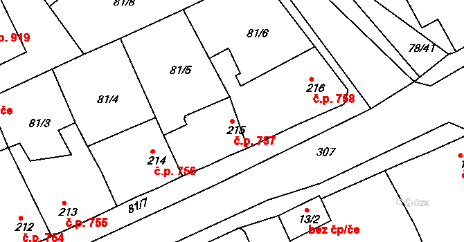 Rudná 757 na parcele st. 215 v KÚ Hořelice, Katastrální mapa