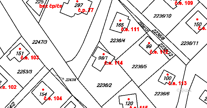 Skalice 114 na parcele st. 98/1 v KÚ Skalice nad Lužnicí, Katastrální mapa