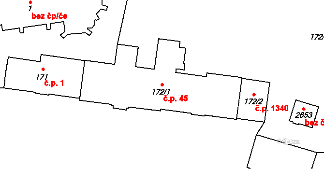 Přelouč 45 na parcele st. 172/1 v KÚ Přelouč, Katastrální mapa