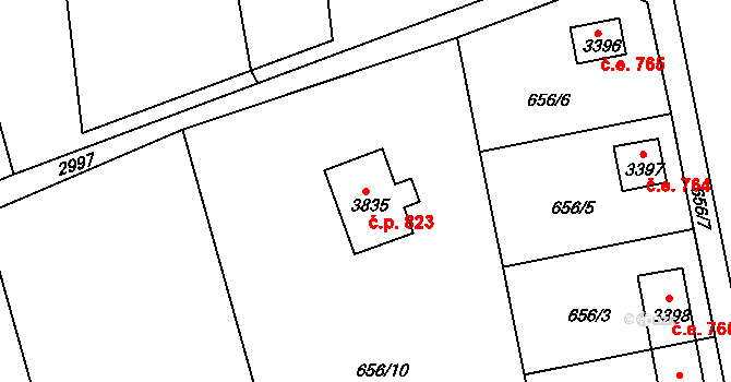 Ostravice 823 na parcele st. 3835 v KÚ Staré Hamry 2, Katastrální mapa