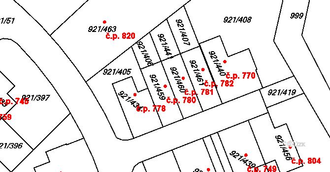 Hostavice 780, Praha na parcele st. 921/459 v KÚ Hostavice, Katastrální mapa