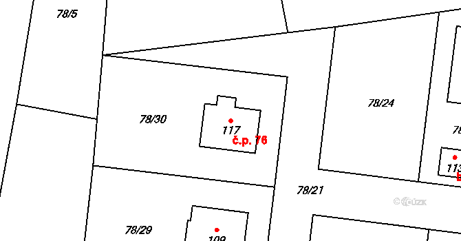 Pučery 76, Kořenice na parcele st. 117 v KÚ Pučery, Katastrální mapa